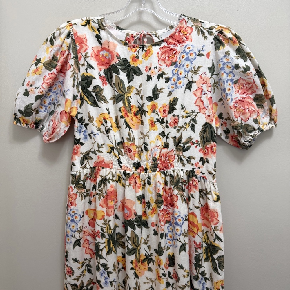 Faithfull the Brand Riso Linen Midi Dress Puff Sleeve Floral Multi Size S - Picture 3 of 12